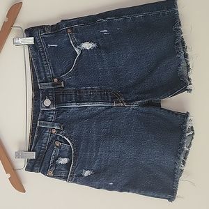 Levi's 501 Dark Wash Raw Hem High Waist Button Fly Distressed Jean Short 26 (B31